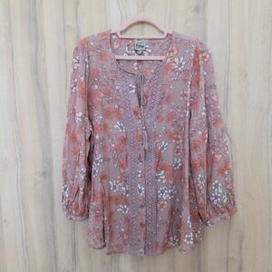 Womens Floral Blouse Size 3X Pink Tassel Tie Neck Lace Cottage Romantic Prairie